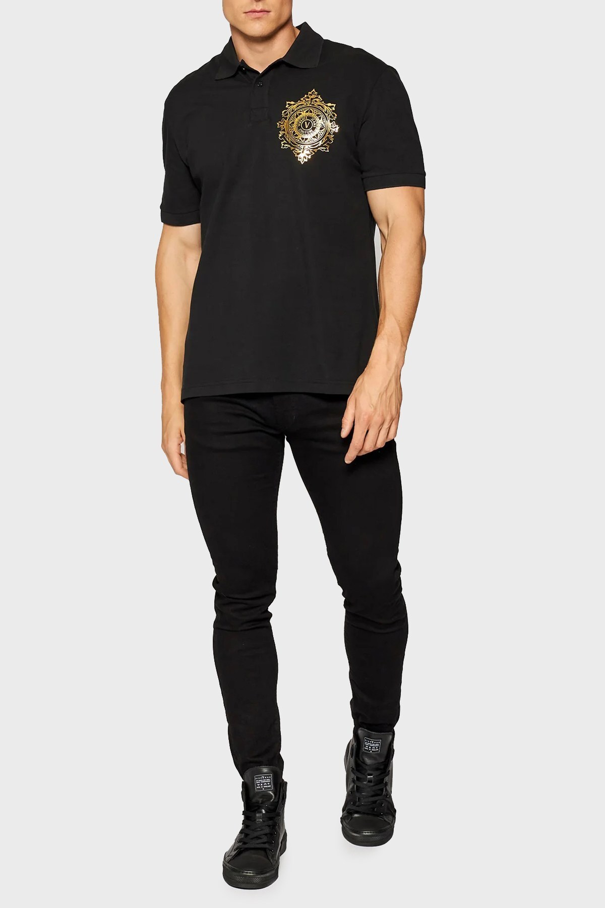 Versace Jeans Couture Regular Fit Pamuklu Düğmeli T Shirt Erkek Polo 71GAGF01 CJ02F G89 SİYAH