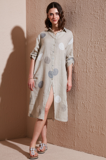 Via Dante % 100 Keten Regular Fit Desenli Midi Bayan Elbise 7250S635 TAŞ - 8