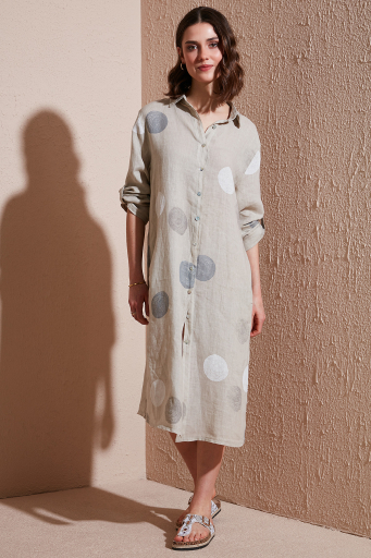 Via Dante % 100 Keten Regular Fit Desenli Midi Bayan Elbise 7250S635 TAŞ - 9