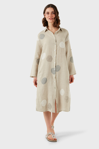 Via Dante % 100 Keten Regular Fit Desenli Midi Bayan Elbise 7250S635 TAŞ - 13