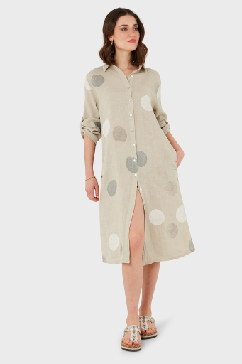 Via Dante % 100 Keten Regular Fit Desenli Midi Bayan Elbise 7250S635 TAŞ - 14