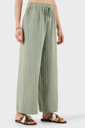 Via Dante Çizgili Regular Fit Normal Bel Geniş Paça Keten Bayan Pantolon 4998OS544 HAKİ - 4