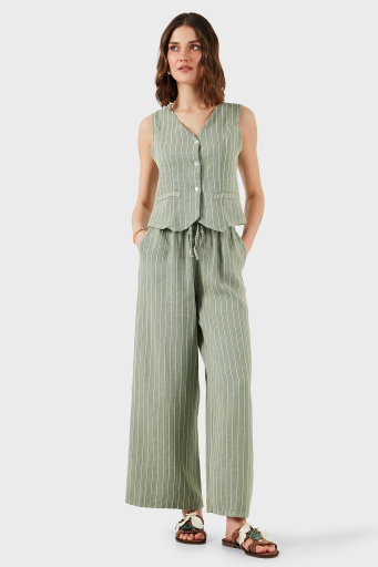 Via Dante Çizgili Regular Fit Normal Bel Geniş Paça Keten Bayan Pantolon 4998OS544 HAKİ - 5