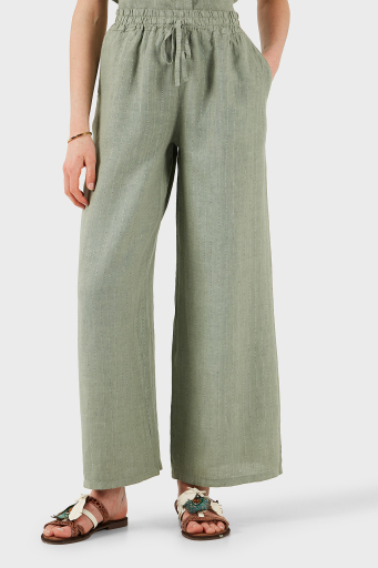 Via Dante Çizgili Regular Fit Yüksek Bel Geniş Paça Keten Bayan Pantolon 4998RN544 HAKİ - 9