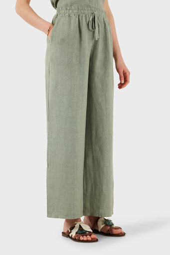 Via Dante Çizgili Regular Fit Yüksek Bel Geniş Paça Keten Bayan Pantolon 4998RN544 HAKİ - 10