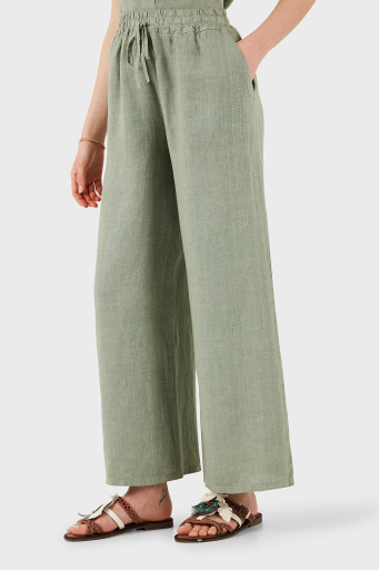 Via Dante Çizgili Regular Fit Yüksek Bel Geniş Paça Keten Bayan Pantolon 4998RN544 HAKİ - 12