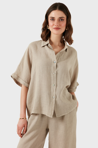 Via Dante Keten Regular Fit Kısa Kollu Bayan Gömlek 5028687 TAŞ - 12