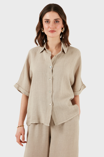 Via Dante Keten Regular Fit Kısa Kollu Bayan Gömlek 5028687 TAŞ - 13