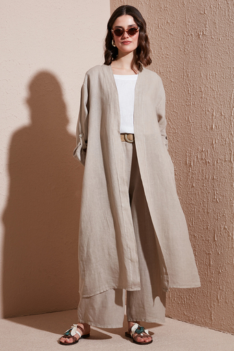 Via Dante Oversize Arkası Dantel Detaylı Uzun Keten Bayan Kimono 7183687 TAŞ - 1