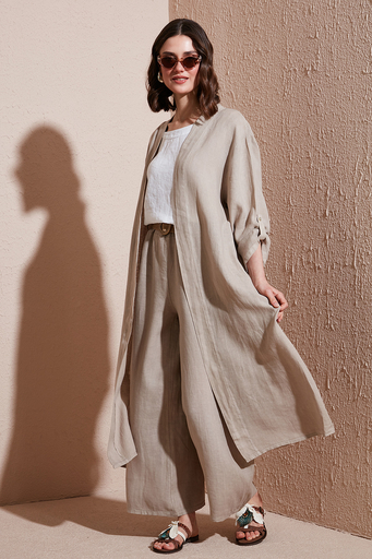 Via Dante Oversize Arkası Dantel Detaylı Uzun Keten Bayan Kimono 7183687 TAŞ - 3