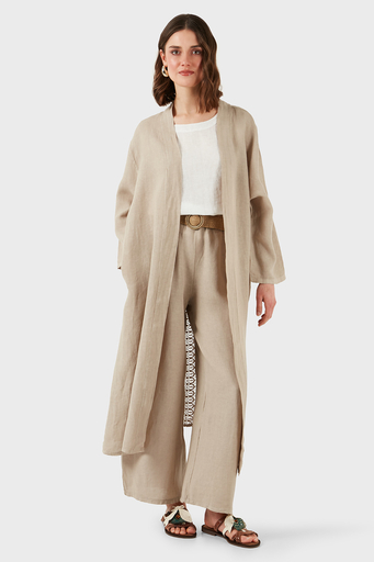 Via Dante Oversize Arkası Dantel Detaylı Uzun Keten Bayan Kimono 7183687 TAŞ - 4