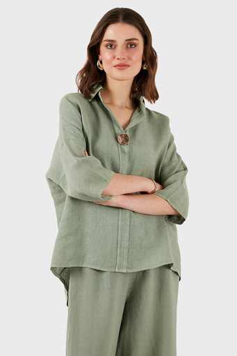 Via Dante Regular Fit Truvakar Kol Düğme Detaylı Keten Bayan Gömlek 6617544 HAKİ - 6