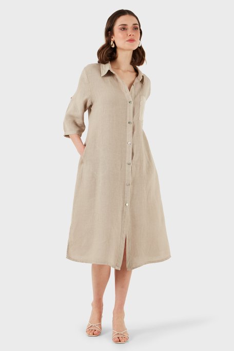 Via Dante Regular Fit Truvakar Kol Midi Keten Bayan Elbise 6689687 TAŞ - 4