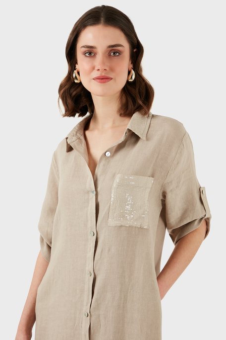 Via Dante Regular Fit Truvakar Kol Midi Keten Bayan Elbise 6689687 TAŞ - 5